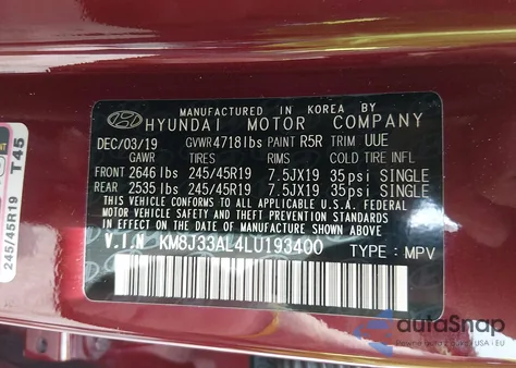 2020 Hyundai Tucson Sport from USA, damaged, VIN KM8J33AL4LU193400